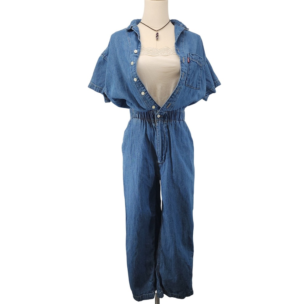 Levis Denim Jumpsuit XS Medium Wash Short Sleeve Elastic Waist Boiler Suit
